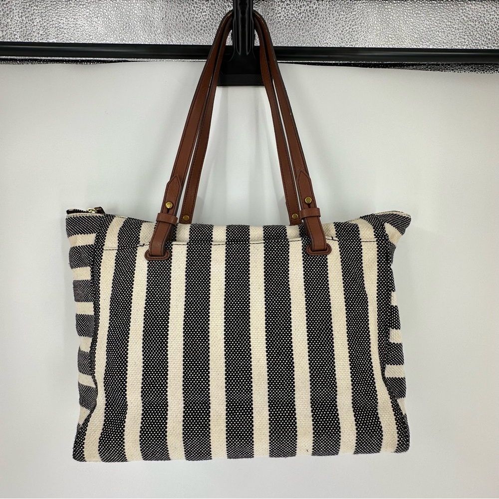 Fossil Stripe Canvas Tote Black Cream Leather Straps Purse Handbag - Picture 7 of 16